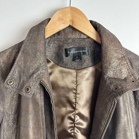 BAGATELLE Metallic Brown Leather Motorcycle Jacket Size Medium Scarf Tie Biker - Picture 4 of 16